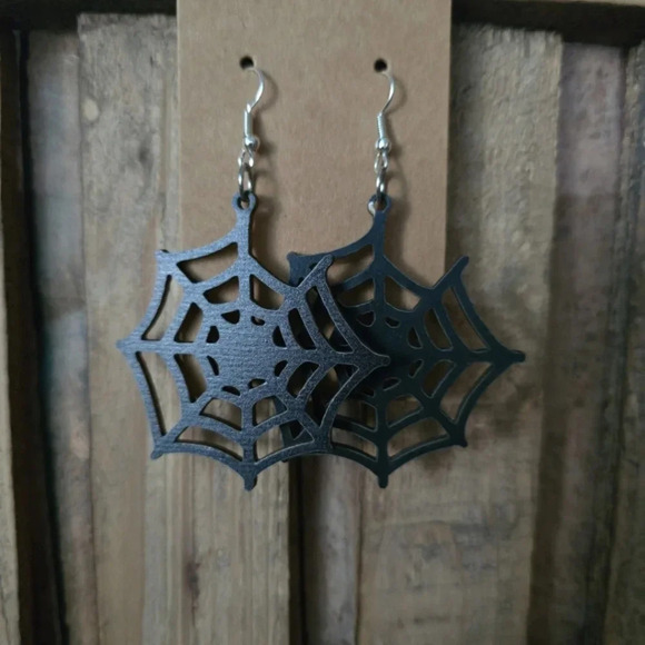 Halloween Spider Web Wooden Earrings - Picture 1 of 1